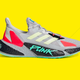 The god-awful Cyberpunk 2077 sneakers appear on a blindingly yellow background.